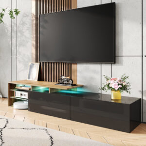 Modern LED TV Unit 170cm | Black & Wood TV Stand with Glass Shelves & Storage