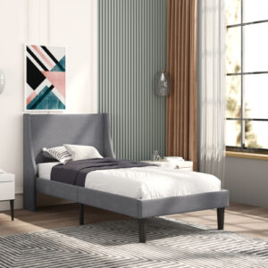 3FT Single Upholstered Bed Frame Grey | Wingback Linen Bed with Wooden Slats