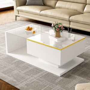 High Gloss LED Coffee Table White | Modern Glass Top Table with Storage & RGB Lights