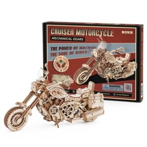 420 Piece Building Block DIY Mechanical Model Kit | ROKR Cruiser Motorcycle 3D Wooden Puzzle Kit