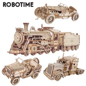 ROKR Wooden Train Model 3D Puzzle Kit MC501 | DIY Locomotive Building Toy 308pcs