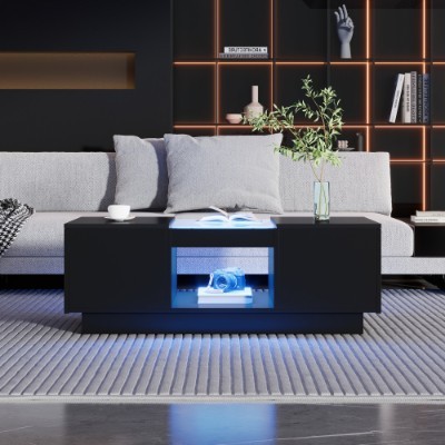 LED Coffee Table with Storage & Drawers | Modern Black RGB Living Room Table - Image 4