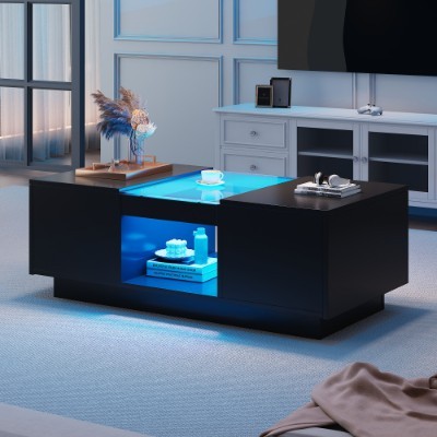 LED Coffee Table with Storage & Drawers | Modern Black RGB Living Room Table - Image 3