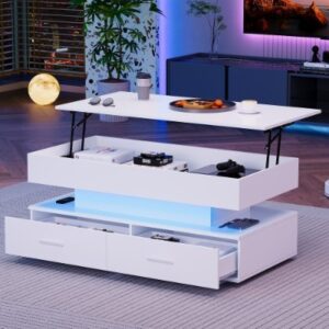 Lift Top LED Coffee Table with Storage | Hydraulic Rising Table with Drawers White