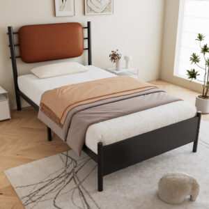 3FT Metal Bed with PU Headboard 90x190cm Sturdy Youth Bed Black Iron Frame