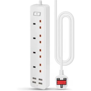 4-Socket Extension Lead with 4 USB Ports, 3.4A Fast Charging, 13A 3120W, 1.6m Cord, Fireproof PC & ABS, UK