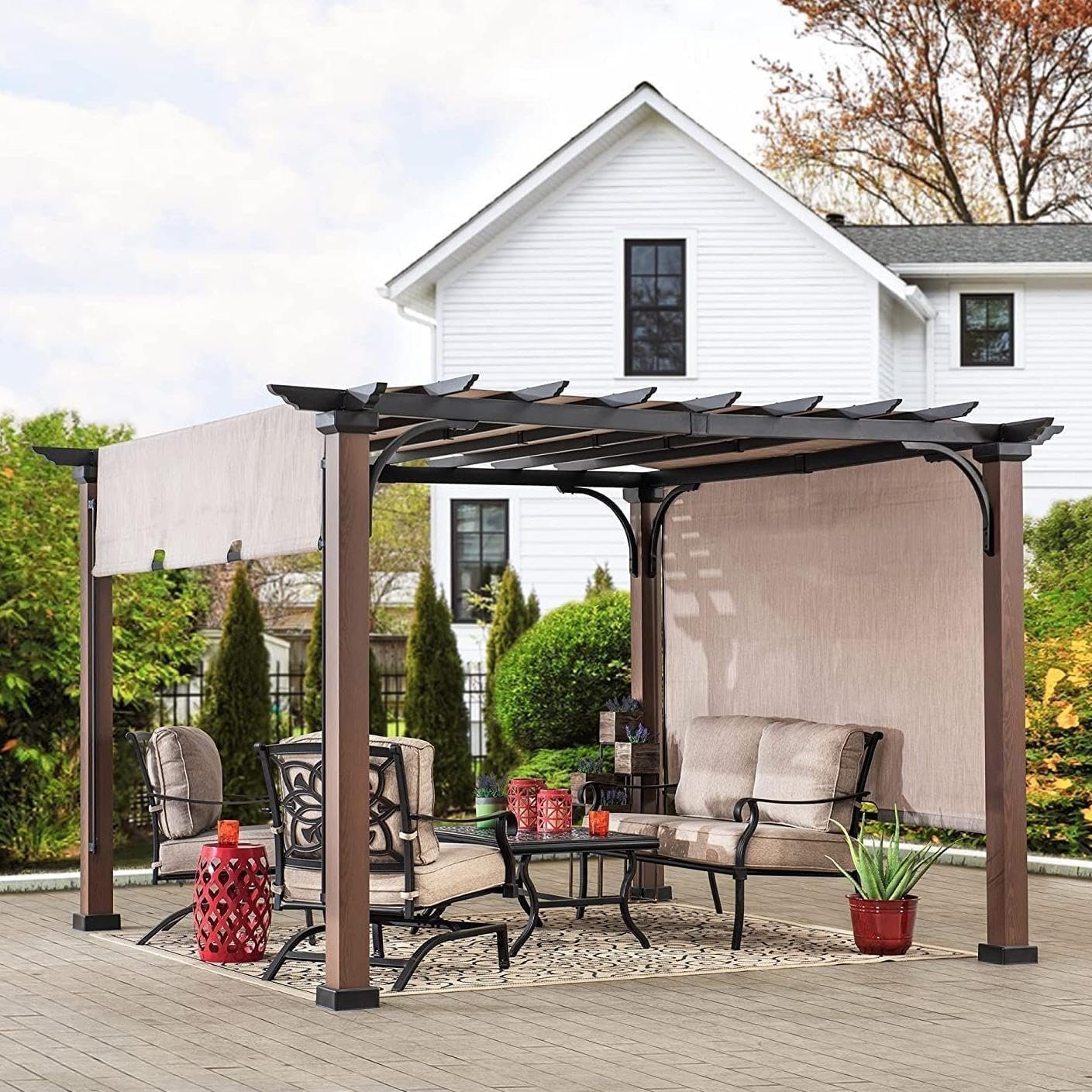 81AQsJrfBwL._AC_SL1409_.jpg Sunjoy 11 x 11 ft Metal Pergola with Adjustable Tan Garden Shade - Image 1