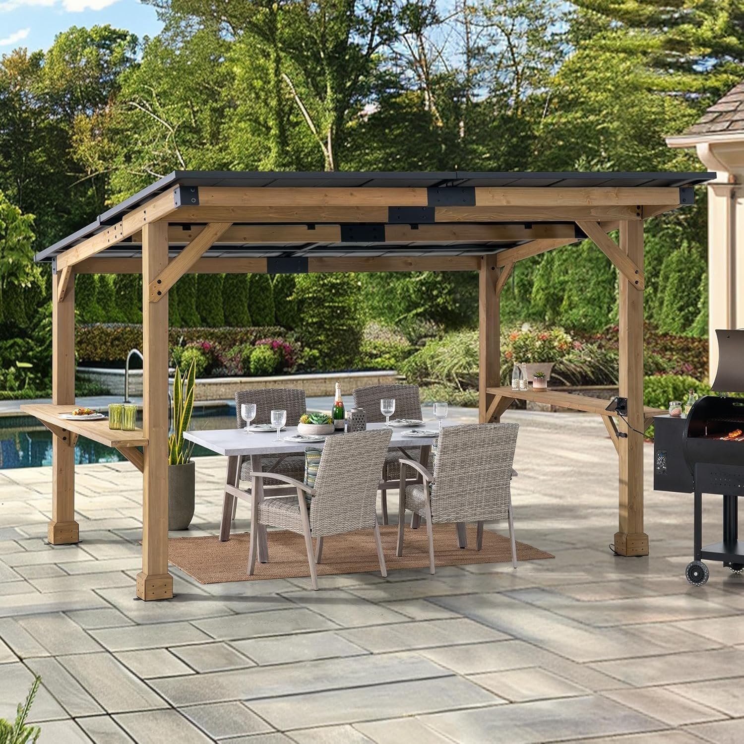 81pc24247CL._AC_SL1500_.jpg SUNJOY 10 ft. x 12 ft. Matte Black Cedar Framed Wooden Gazebo - Image 1