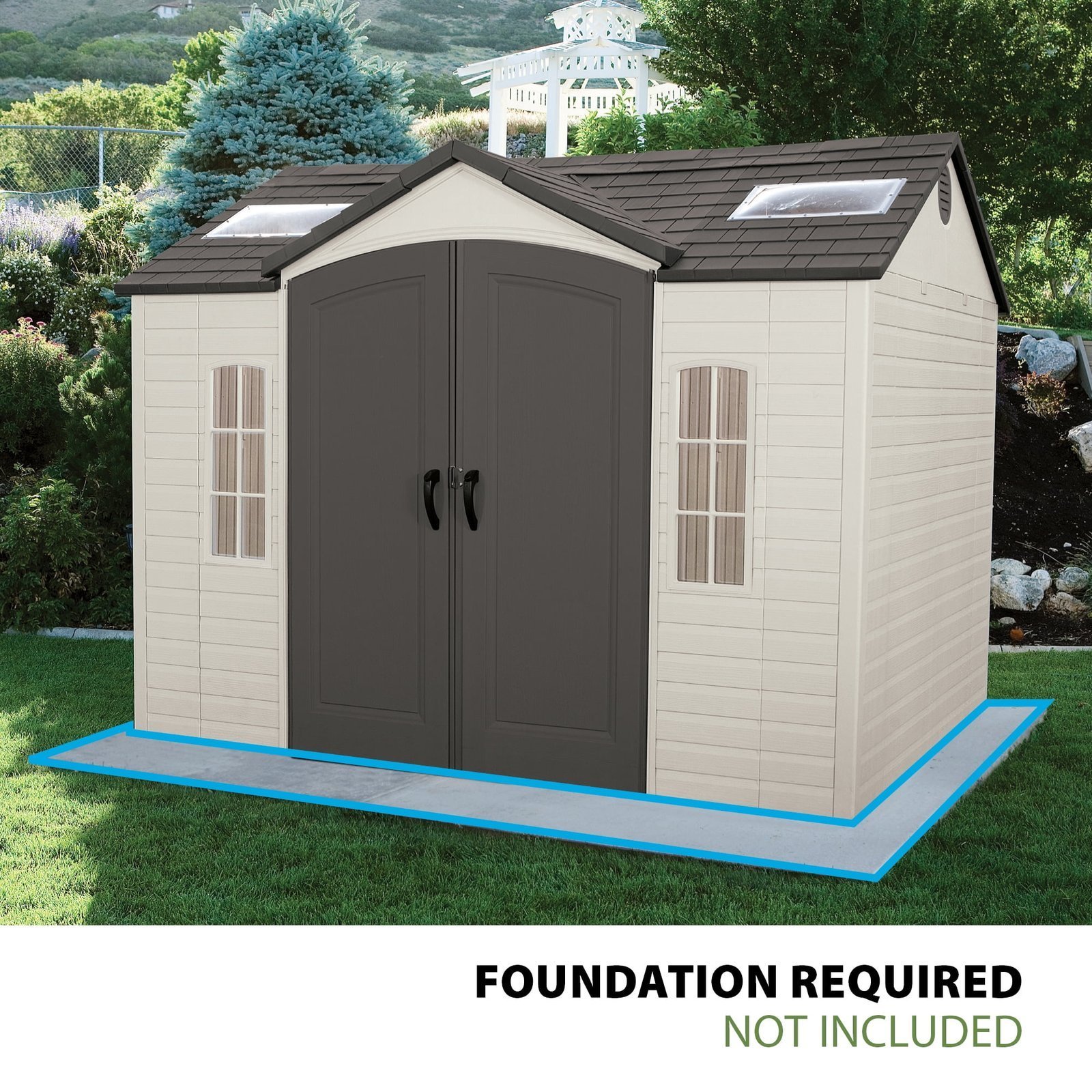 dd10f69c-2798-4716-b15a-bc10ab652b05.91518e348141ee5fe2c8b9ebb855c66d.jpg Lifetime Lockable Polyethylene Outdoor Storage Shed, 10' x 8', Tan & Brown (60005) - Image 1