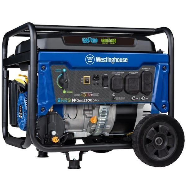 wgen5300dfcv_117174_1000_6a892f42f271defd92aa06bc395ecb06.jpg Westinghouse WGen5300DFcv - 5300 Watt Dual-Fuel Portable Generator w/ RV Outlet & CO Sensor (49-State) - Image 1